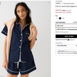 J Crew end-on-end cotton pajama short set, navy with white piping, large